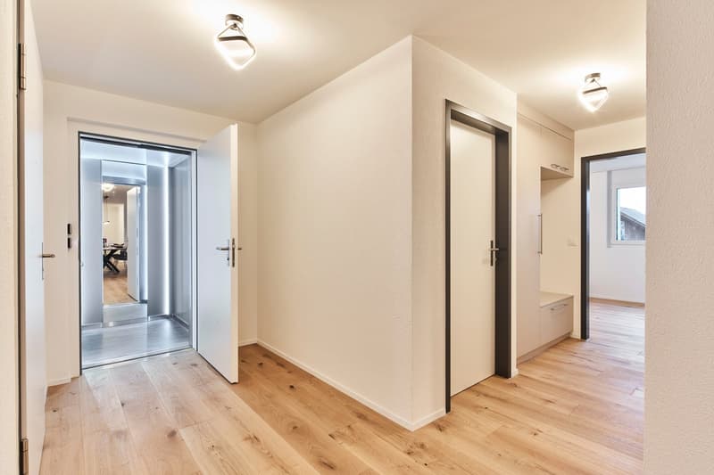 The image shows a spacious apartment interior with a hallway leading to other rooms. The walls are painted in a neutral beige color, and the floors are made of light-colored hardwood. The hallway has a glass door that provides access to another room. Ther