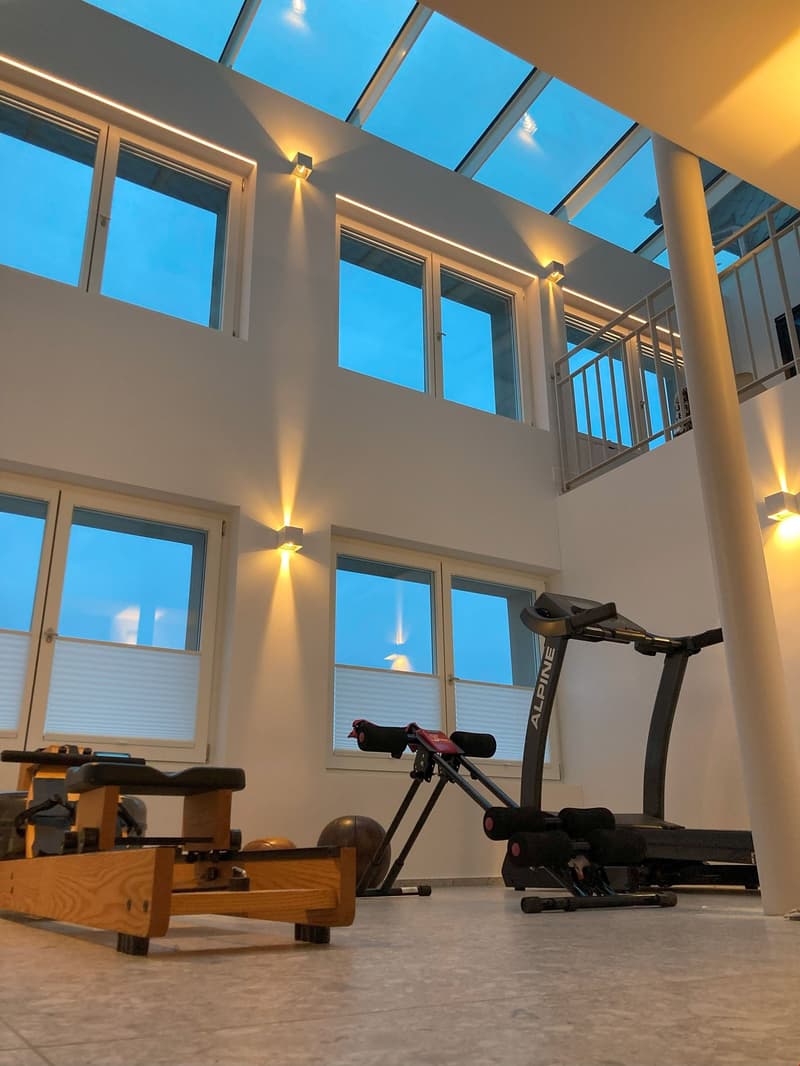 Glass windows, white ceiling, treadmill, gym equipment, lights