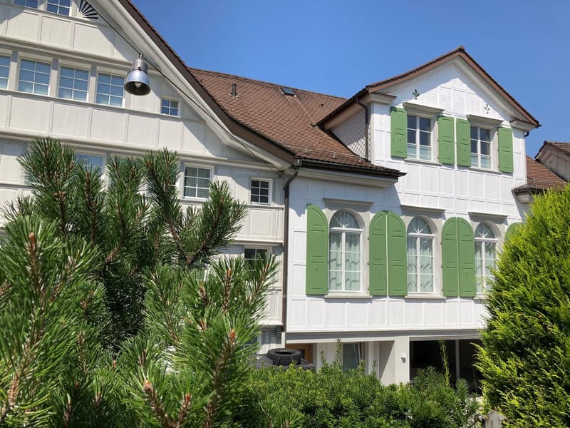 large white house, brown roof, many windows, white walls, green shutters