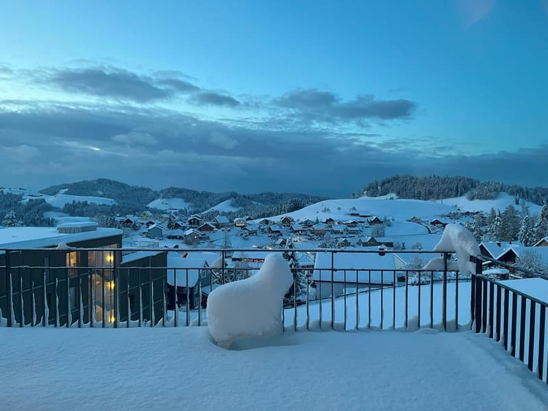Snowy terrace with a railing, snow on railing, snow covering ground, town view, mountains in the distance, and houses covered in snow