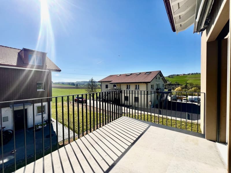House with balcony, view of the countryside, brown roof, white walls, black railings