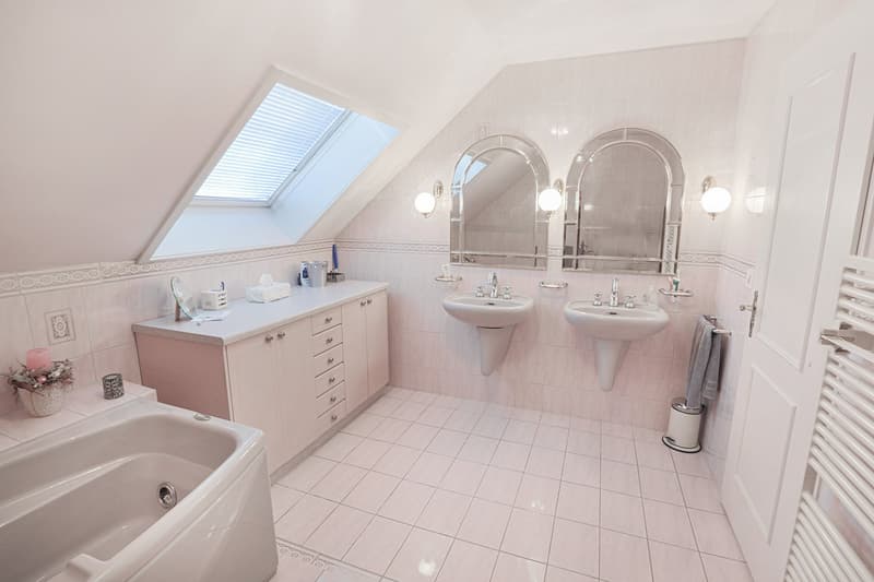 Bathroom with bathtub, two sinks, two mirrors, and a skylight