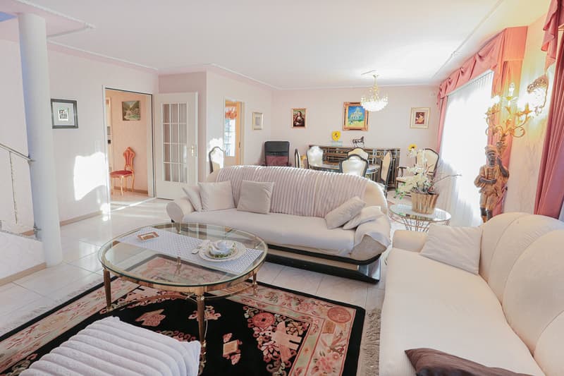 white sofa, glass table, carpet, chandelier, wall paintings, dining table, chairs, statue