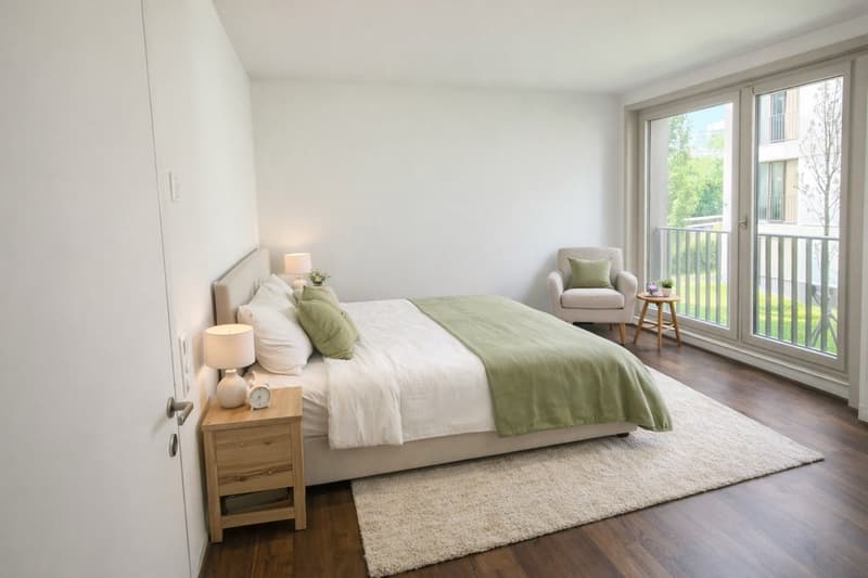 Bedroom with bed, pillows, bedspread, lamps, clock, night table, carpet, armchair, small table, balcony, windows