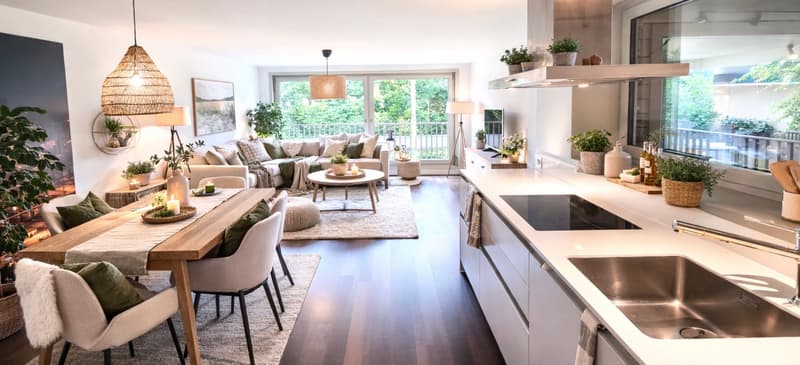 Dining room with a wooden table, white chairs, potted plants, a couch with pillows, a balcony, and a kitchen with a stove and sink.