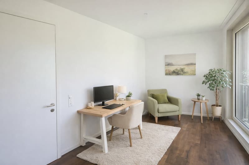 desk, chair, monitor, lamp, plants, chair, rug, picture, power outlet, white door