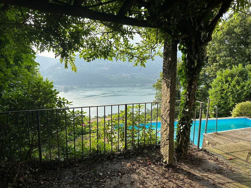 Lush green foliage surrounding a balcony or terrace overlooking a swimming pool, with a scenic view of the lake or body of water in the distance.