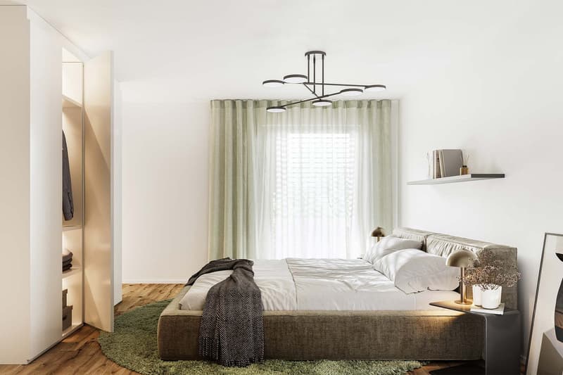 wooden floor, grey bed, white bedding, grey lamp, nightstand, green rug, large window, curtains