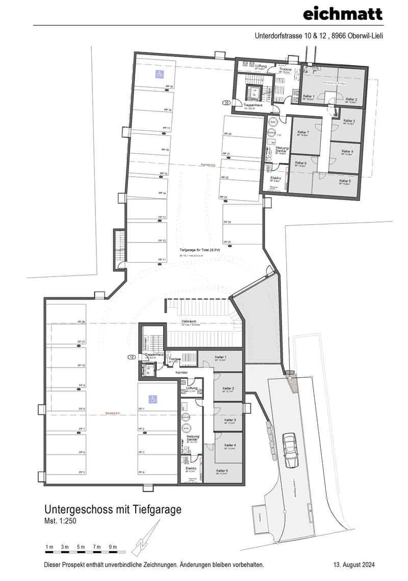 Floor plan with underground parking, entrance, stairwell, corridor, several apartments (PP 1-12) with various room configurations, and a ground floor area (PP 26-36) including a kitchen, entrance hall, and other rooms.