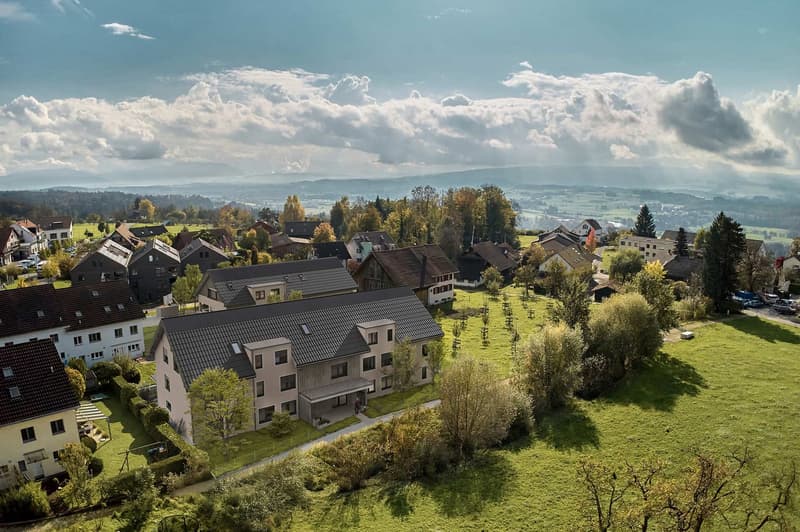 Aerial view of a picturesque rural village nestled among rolling hills and forests, with a mix of traditional and modern buildings, surrounded by lush greenery and under a dramatic cloudy sky.