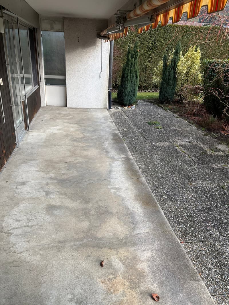 Concrete patio or walkway leading to a grassy area with shrubs and trees. The patio has a covered overhang with decorative curtains or blinds. There appears to be a sliding glass door or entrance to the building on the left side of the image.