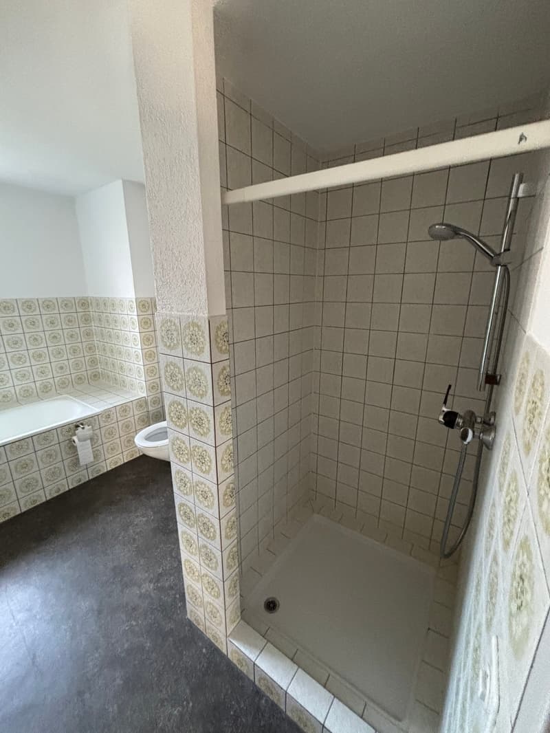 Bathroom: tiled walls, bathtub, toilet, shower, shower head