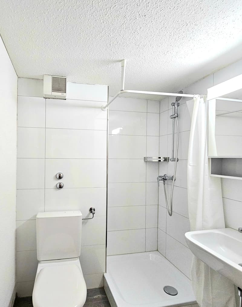 white tiled walls, white toilet, white shower stall, white sink, white shower curtain