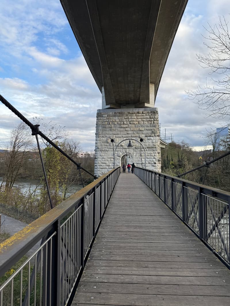 Suspension bridge, concrete pillar, metal railing, wooden deck, hanging cables