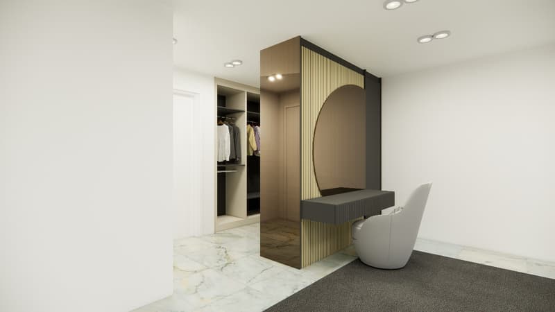 Closet with built-in hangers, large round mirror, marble floor, modern chair, built-in vanity with mirror