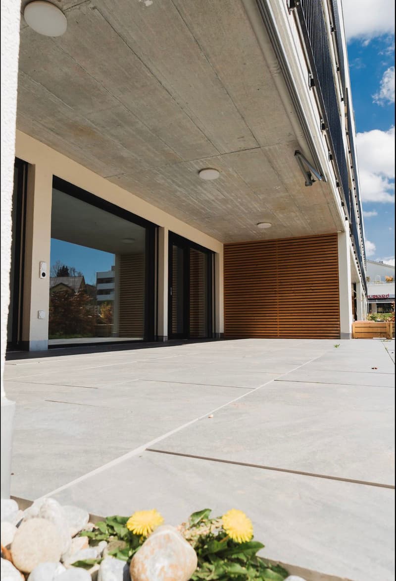 concrete raised ground floor, large glass doors, wooden wall, concrete floor, plants