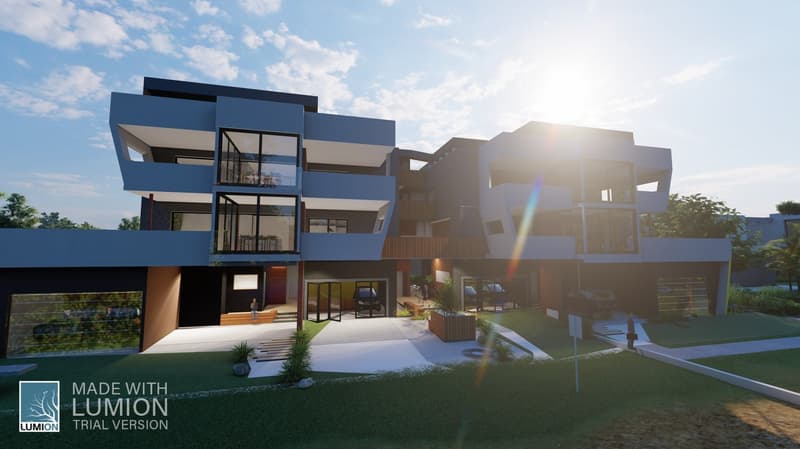 multi-level modern house, balconies, large windows, driveway, car garage, lush green grass, patio with potted plant