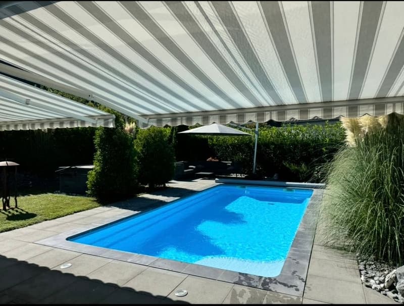 An outdoor swimming pool with plants, trees, bushes, and an awning in the backyard.
