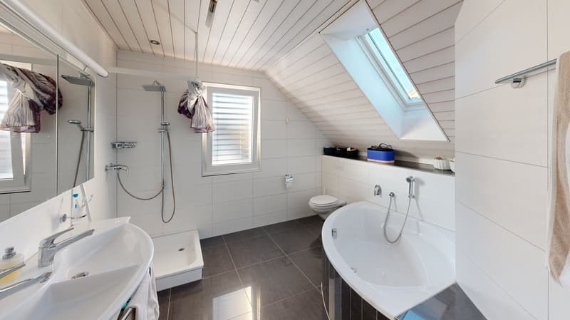 White ceiling, white walls, window, bathtub, toilet, walk-in shower, double sink