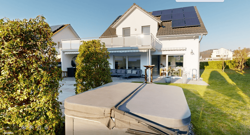 Modern two-story house, white walls, brown roof, solar panels, swimming pool, balcony