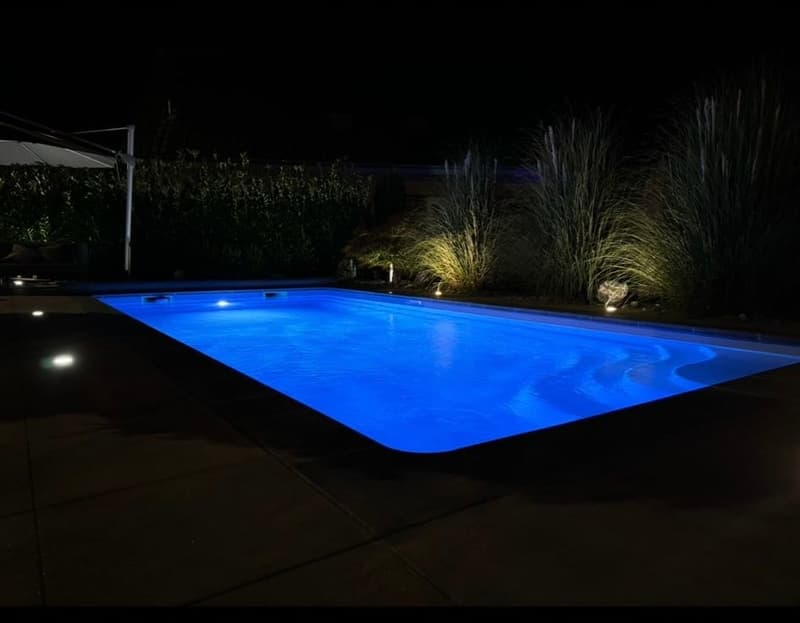 Swimming pool with lights, plants on sides, paved path, umbrella nearby