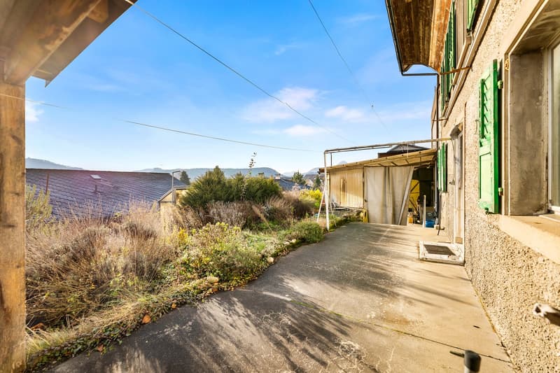 A concrete walkway leads to a house entrance, surrounded by lush greenery, a distant view of mountains