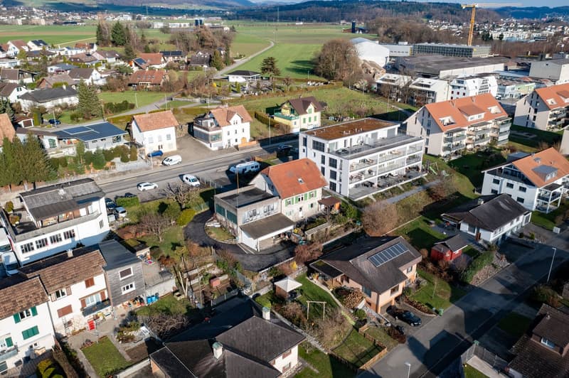 Several houses, solar panels, driveways, green fields, trees, open area