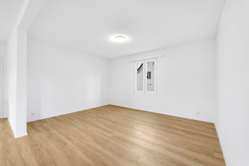empty room, white walls, wooden floor, ceiling light, window