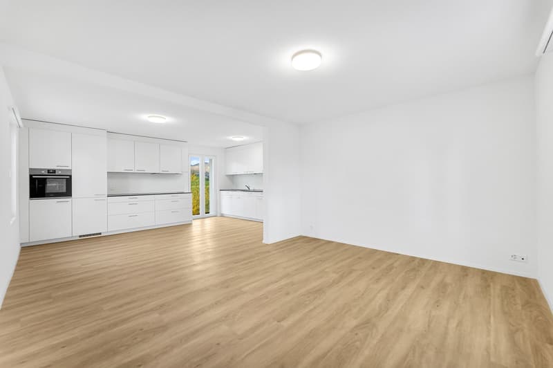 empty kitchen with white cabinets, wooden floor, built-in oven, sink, and windows