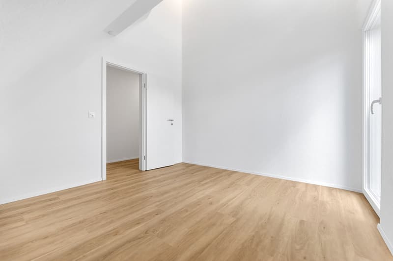 empty room, white walls, wooden floor, open door, glass door