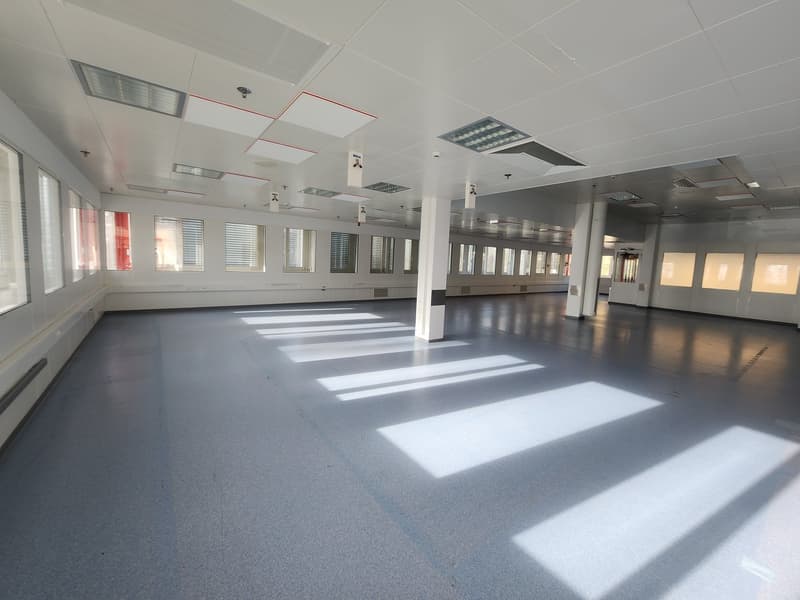 Industrial room with white ceiling, gray walls, and blue tiled floor, several rows of large windows, and central columns.