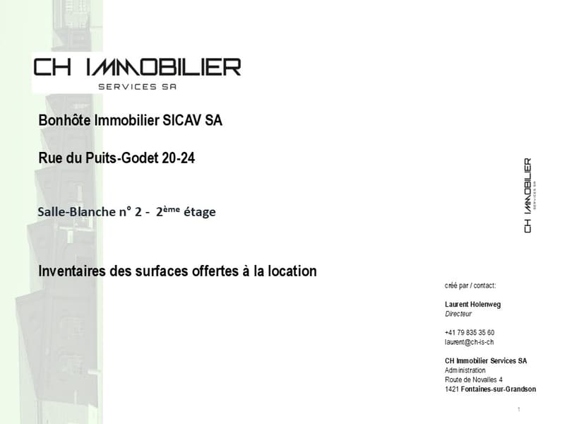 An advertisement for real estate services provided by CH Immobilier Services SA. The text includes the company name, address, and contact information for Laurent Holenweg, the director. The advertisement provides an address Rue du Puis-Godet 20-24 and ref