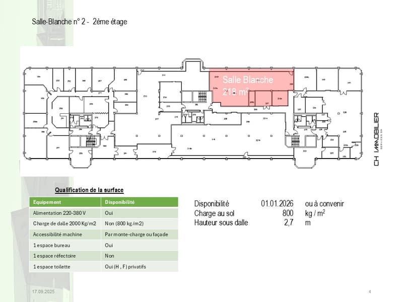 A detailed layout of a white space, including text and numbers. Some text indicates various utilities like heating, water, and electricity. The floor area is noted to be 218 square meters, divided into three sections. An office and restroom area are visib