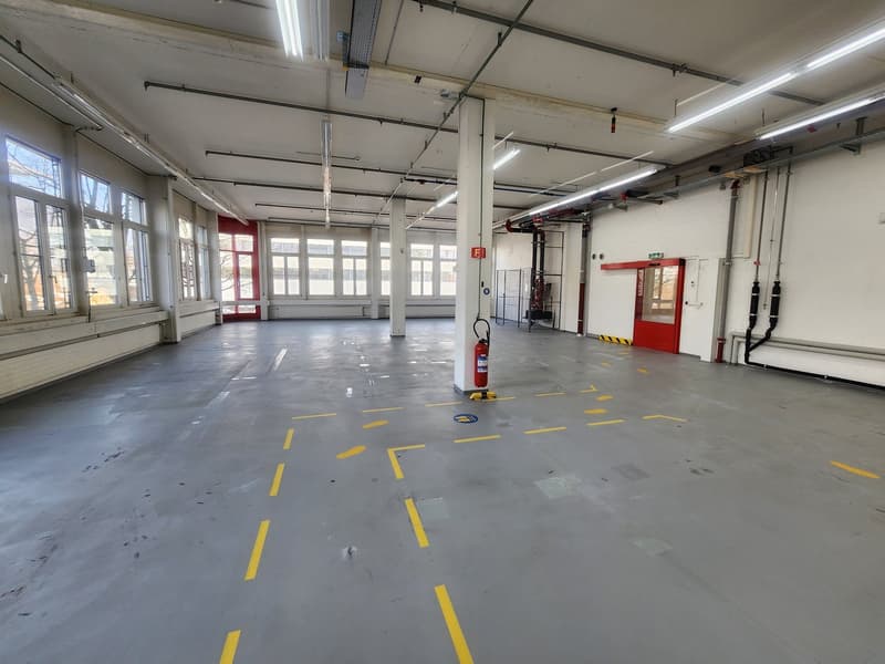 empty space, gray floor, fire extinguisher, large windows, metal columns, pipe, two doors