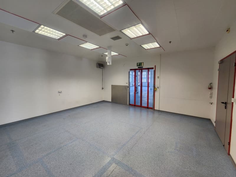 Empty room, gray floor, white walls, red exit sign, glass door, ceiling lamps, ventilation unit on wall