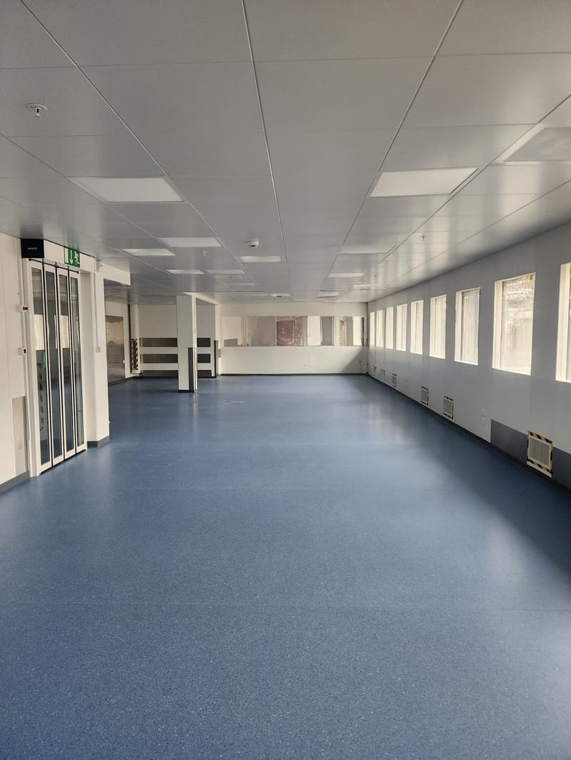 Empty hall with white walls, gray ceiling, and blue flooring. Windows on one side, and pillars along the middle.
