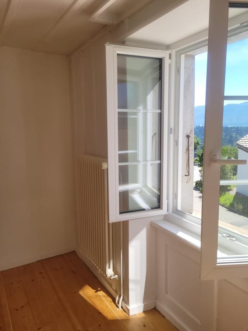 This image shows a room with a large window that provides a view of the outdoors. The room has white walls and a wooden floor. There is a radiator visible along the wall. The window appears to be a sliding glass door that leads to a balcony or terrace are