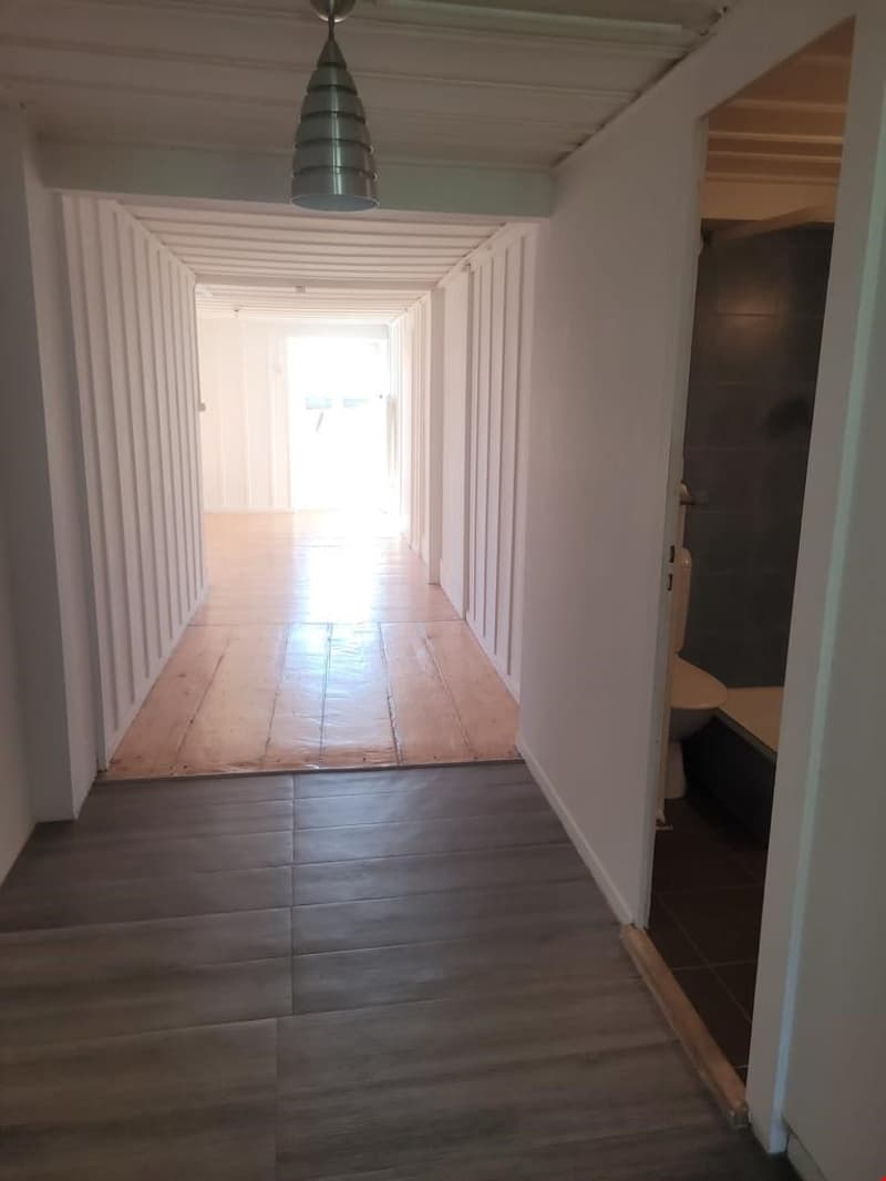 The image shows a long, narrow hallway with white walls and a wooden floor. The hallway has a pendant light fixture hanging from the ceiling and leads to a doorway at the end.