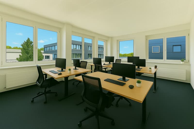 Spacious office with large windows providing a view of the surrounding buildings and greenery. The room is furnished with multiple desks, computers, and office chairs, creating a modern and functional workspace.