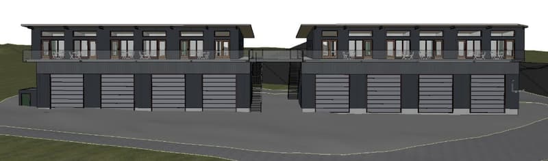 3-story apartment building with multiple units, each with a balcony. The building has a garage on the ground floor.