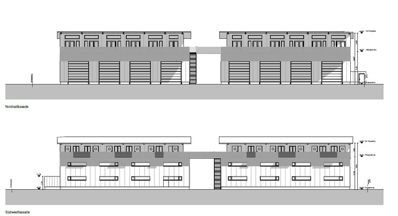 The image shows the floor plan and elevations of a multi-unit commercial or industrial building. The building appears to have multiple garage doors or loading bays on the ground floor, with office or residential spaces on the upper floors.