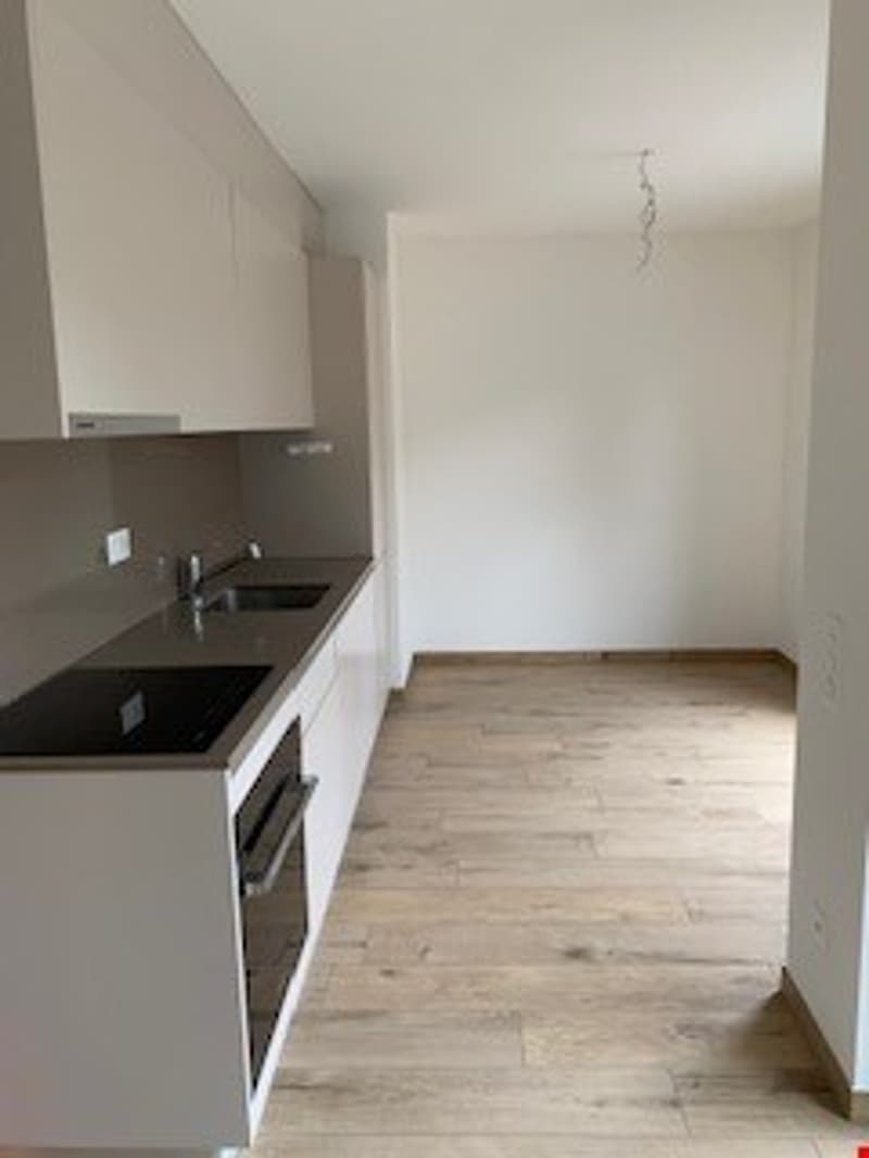 modern kitchen with wooden floor, white cabinets, black countertops, double sink, oven