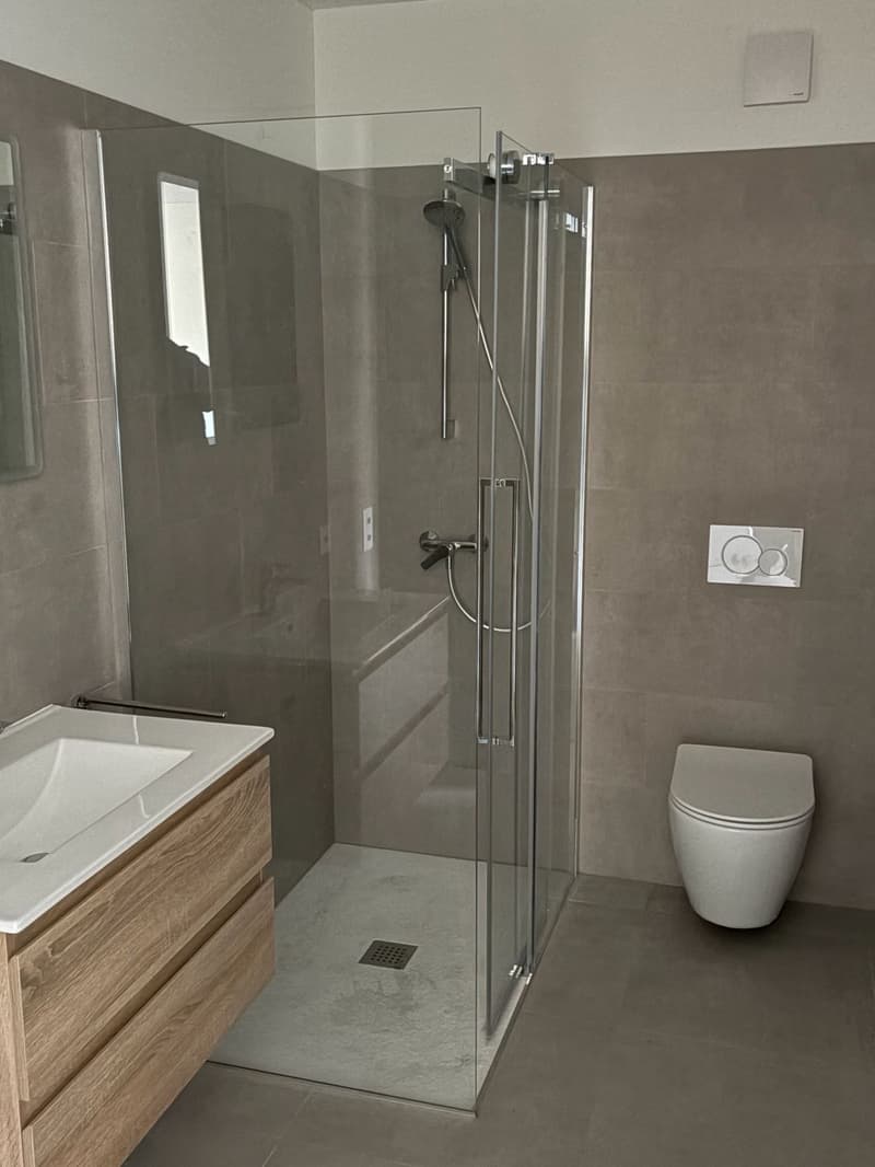 modern bathroom with glass shower, white sink, wooden cabinet, white toilet