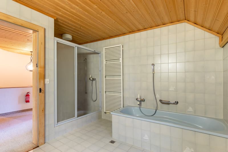 Bathroom with shower, bathtub, and tiled walls and floor.