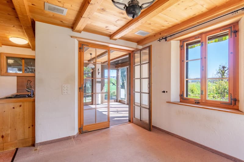 wooden ceiling, glass doors, large windows, wooden floor, sink
