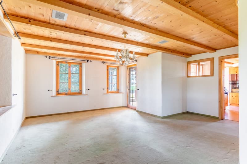 empty room, wooden ceiling, chandelier, white walls, wooden windows, glass door