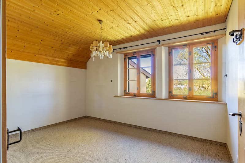 empty room, wooden ceiling, chandelier, carpeted floor, two windows, white walls