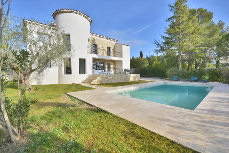 Modern white house, 2 floors, swimming pool, terrace, garden, trees
