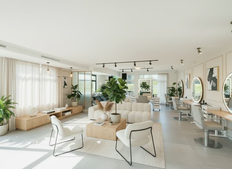 white interior, large windows, plants, coffee table, chairs, salon chairs, mirrors, shelves, track lighting