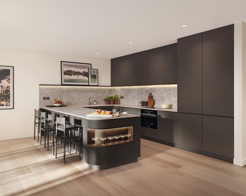 modern kitchen, wooden floor, large island with seating, black cabinets, granite countertop, stainless steel appliances